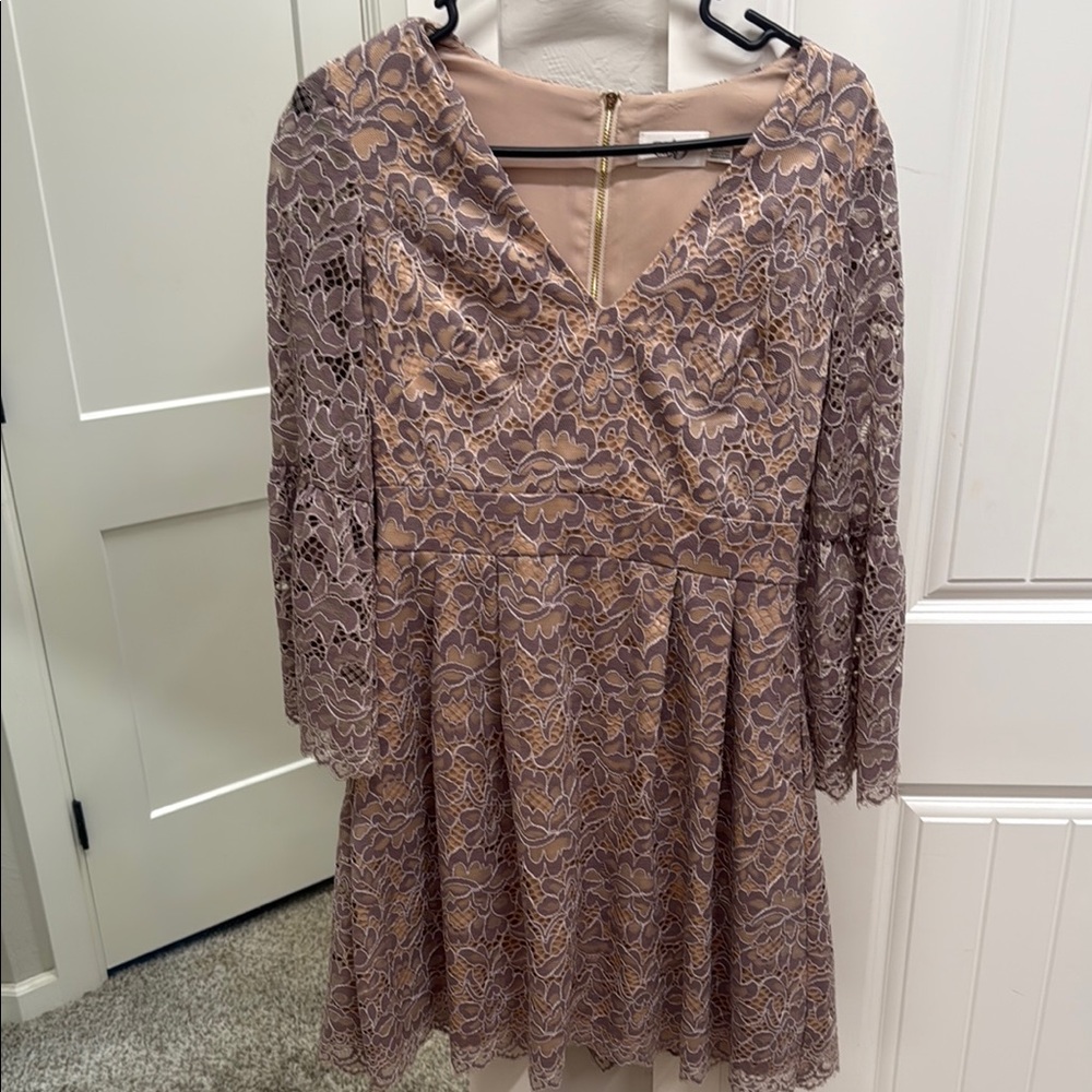 Eliza J Lace Long Sleeve Dress in Tan and Purple